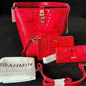 Brahmin Set Bags, In red, Shira Bucket, Daisy Wristlet, Veronica Wallet